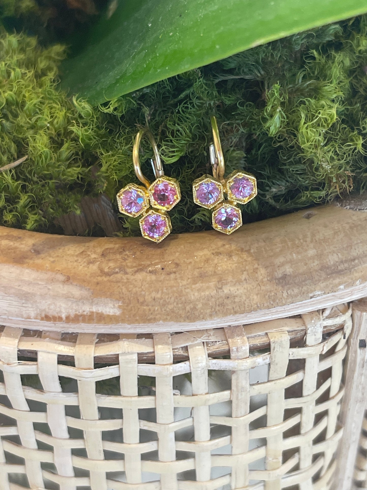 Pink Sapphire Triple Hexagon Earrings