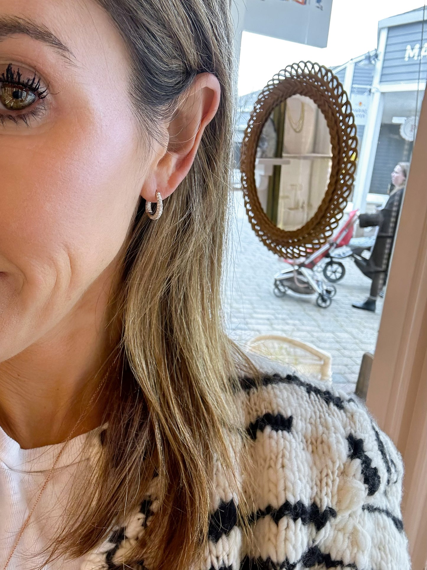 Three Row Pave Inside Out Oval Mini Hoop Single