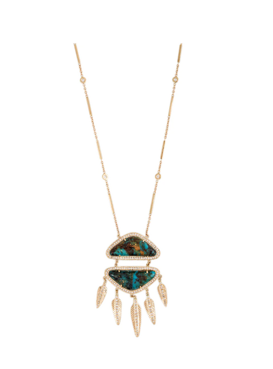 CHRYSOCOLLA PAVE DIAMOND DOUBLE TRIANGLE FEATHER SHAKER NECKLACE