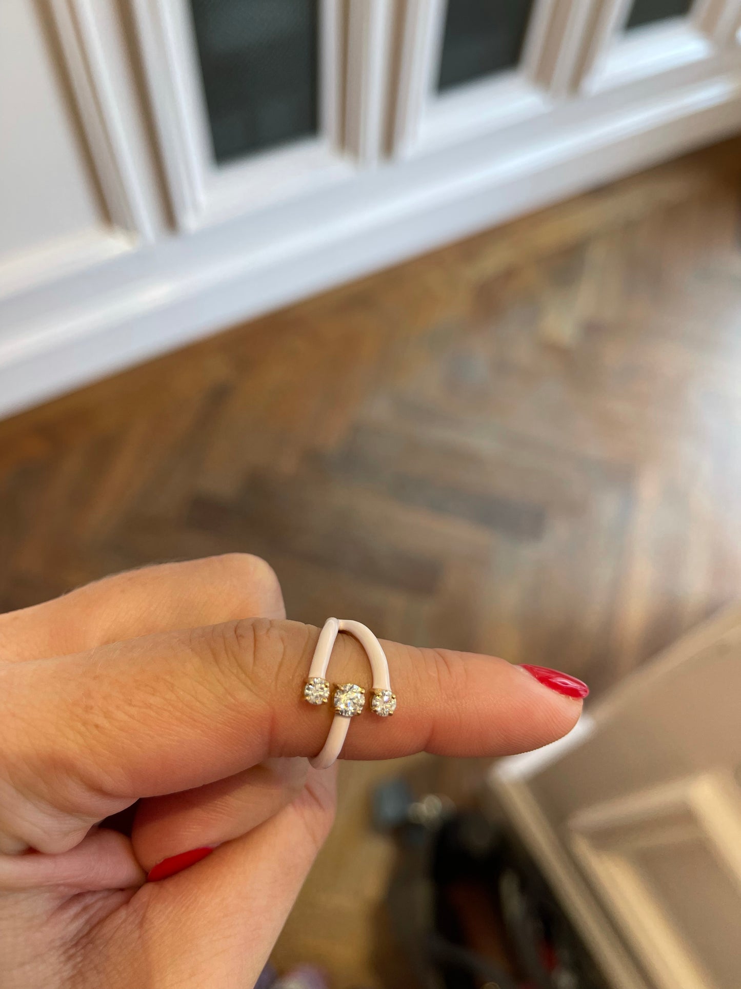 aria moon ring 18k pink gold with pastel pink enamel and diamonds (.48 tcw) Size 6.5