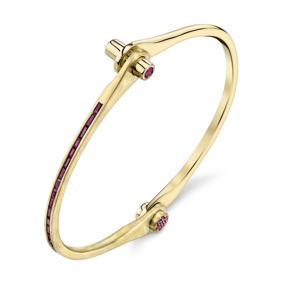 18K Yellow Gold Skinny Handcuff w/Ruby Baguettes