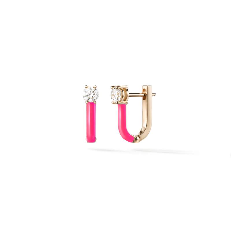 Aria U Huggie Hoop: 18k pink gold with diamonds and neon pink enamel (0.33 tcw)