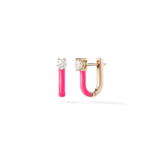 Aria U Huggie Hoop: 18k pink gold with diamonds and neon pink enamel (0.33 tcw)