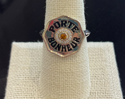 Porte Bonheur Signet Ring-Orange Sapphire, Black Enamel, Diamond Halo