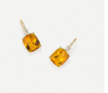 Gemmy Gem One of a Kind 18k Yellow Gold Earrings set with Yellow Beryl (18.41 cts) and Full Cut Diamonds G-H Color / VS-SI Clarity (0.16 cts) on Pave Hooks (0.03 cts)