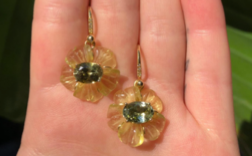 Tropical Flower One of a Kind 18k Yellow Gold Earrings set with Carved Beryl Flowers (12.83 cts) and Beryl (3.09 cts) on Pave Earwires (.03 cts)