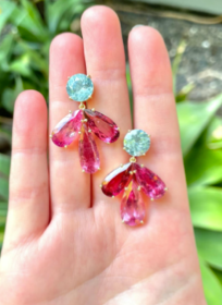 Gemmy Gem One of a Kind 18k Rose Gold Post Earrings set with Aquamarine (4.98 cts) and Pink Tourmaline (21.61 cts)