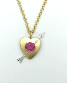 One of a Kind 18k White and Yellow Gold Flat Gold Heart 18" Necklace set with Pink Tourmaline (2.41 cts) and Diamond Pave (.11 cts) NOKPT.132W