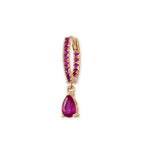 YG Pave Pink Sapphire + Teardrop Pink Sapphire Drop Mini Hoop