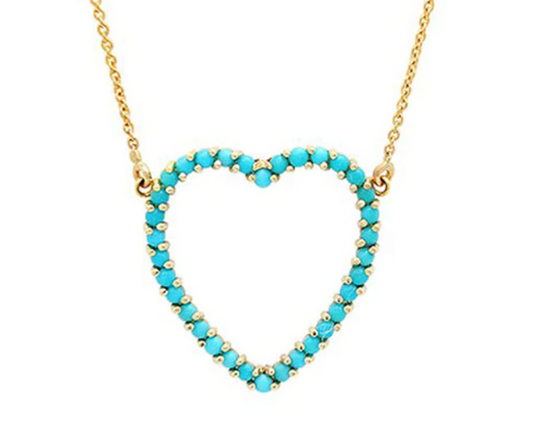 Yellow Gold and Turquoise Large Open Heart Necklace