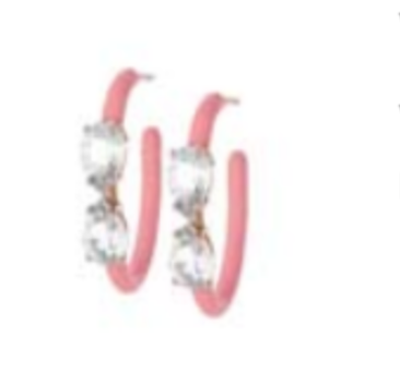 Vine Hoops with Drop cut rock crystal & coral pink enamel