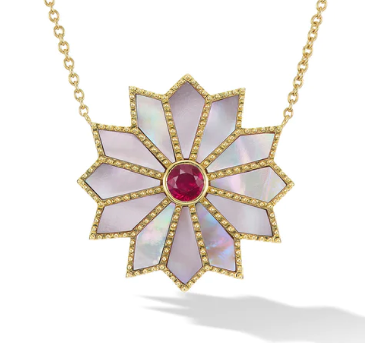 Sacred Flower Inlay Necklace - Pink MOP and Ruby