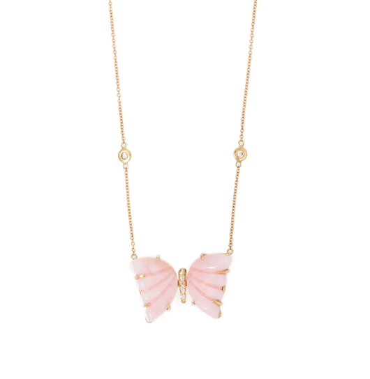 YG MEDIUM PINK OPAL PAVE CENTER BUTTERFLY 2 DIA NECKLACE