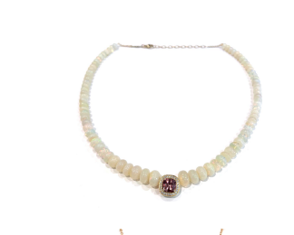 YG PAVE PINK TOURMALINE SQUARE CENTER GRADUATED SMOOTH OPAL BEADED NECKLACE