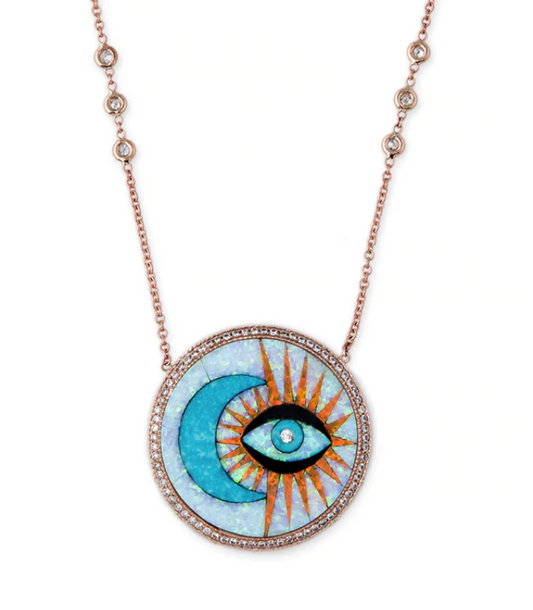 YG SMALL PAVE DIAMOND ROUND INLAY TURQUOISE MOON AND OPAL DIA EYE BURST 4 DIA NECKLACE