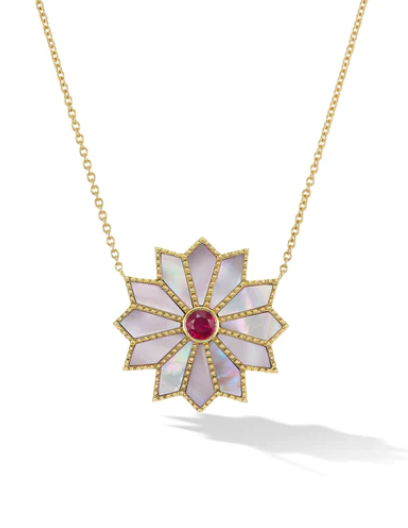 Mini Sacred Flower Inlay Necklace Pink Sapphire