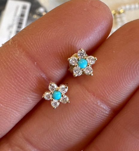 Diamond Flower Studs with Turquoise Center