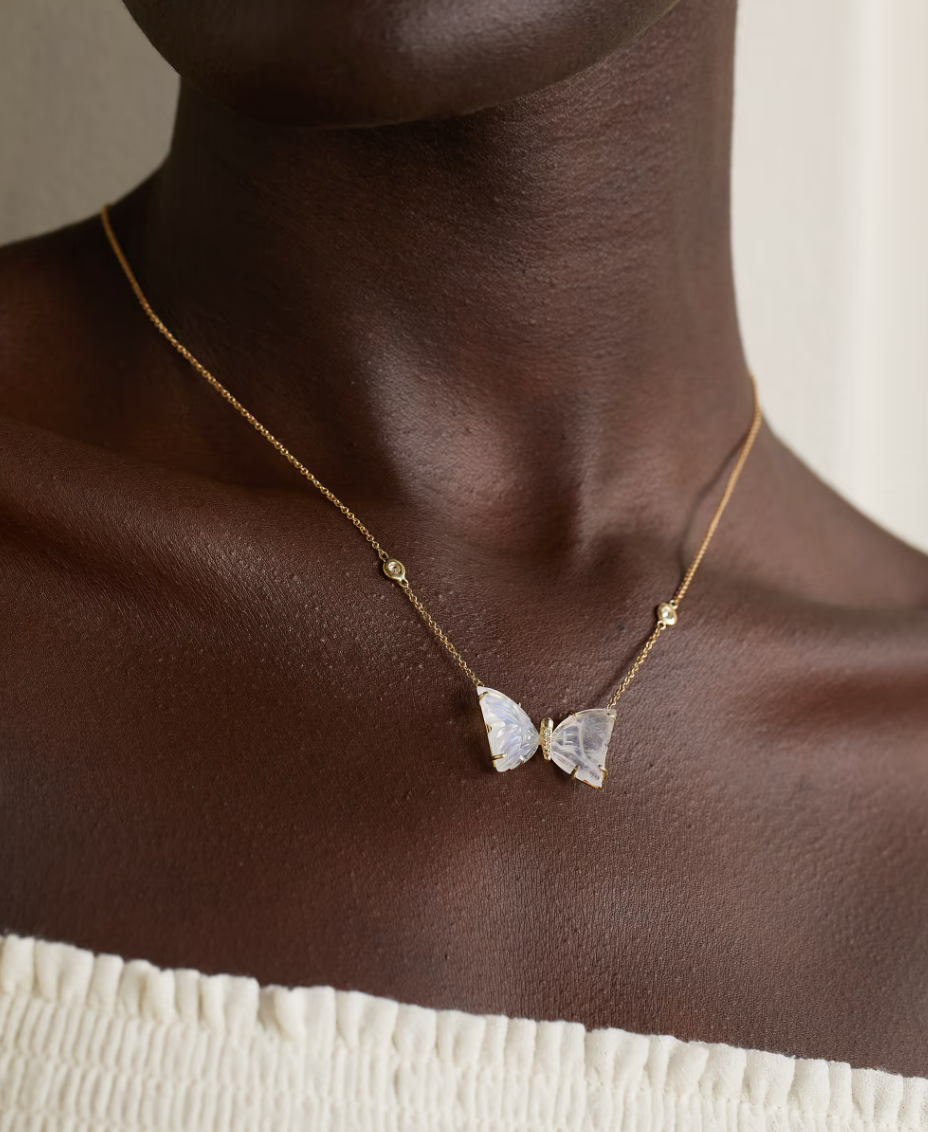 Bubble Moonstone Pave Center Butterfly Necklace