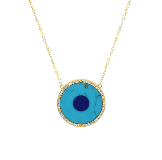 Turquoise Inlay Evil Eye Necklace with Diamonds