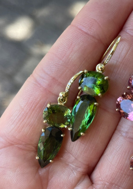 Gemmy Gem Earrings on Pave Hooks w/ Green Tourmaline,Rose Gold-18k