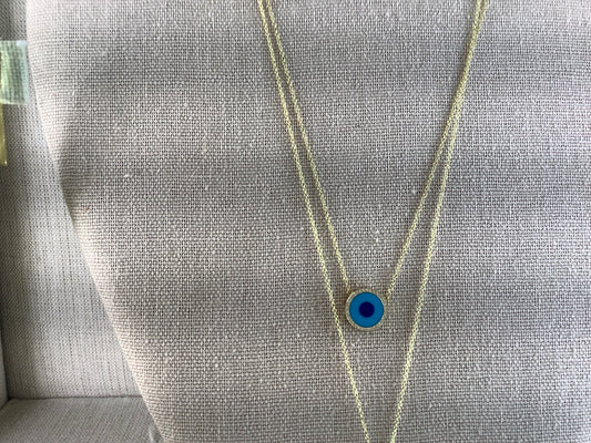 18K YELLOW GOLD MINI TURQUOISE AND LAPIS INLAY EVIL EYE NECKLACE WITH DIAMONDS